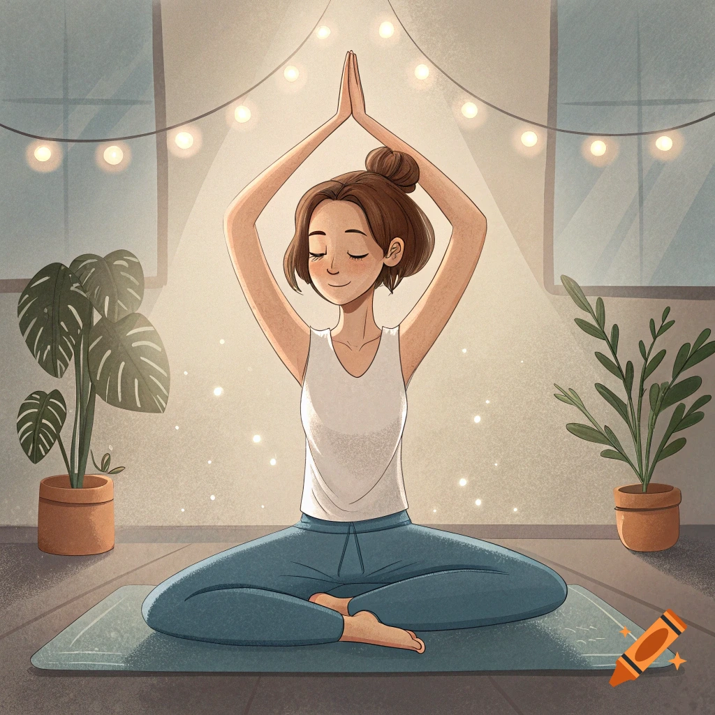 An illustration of a person doing yoga in a room with plants and string lights.