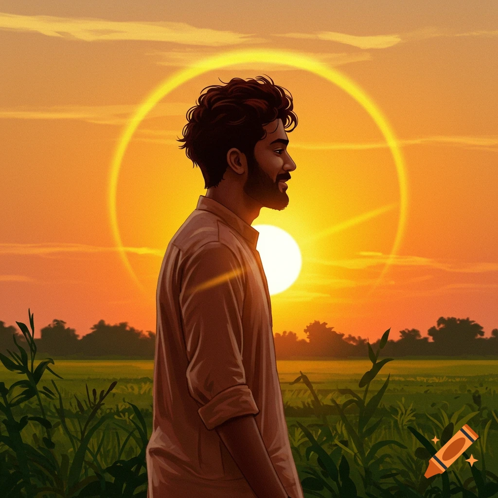 A man standing in a field with a vibrant sunset behind him