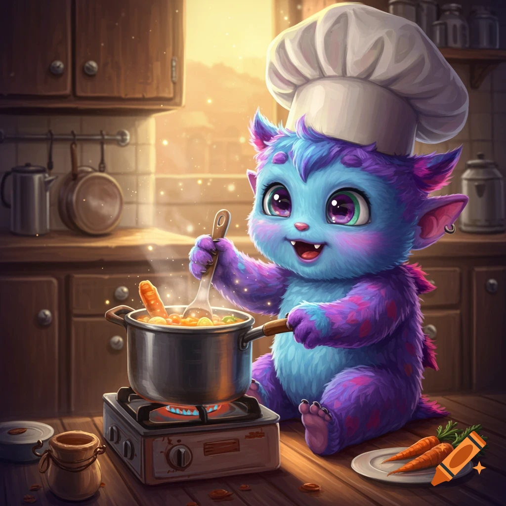 Cute fuzzy blue and purple monster chef stirs a pot on a stove in a rustic kitchen.