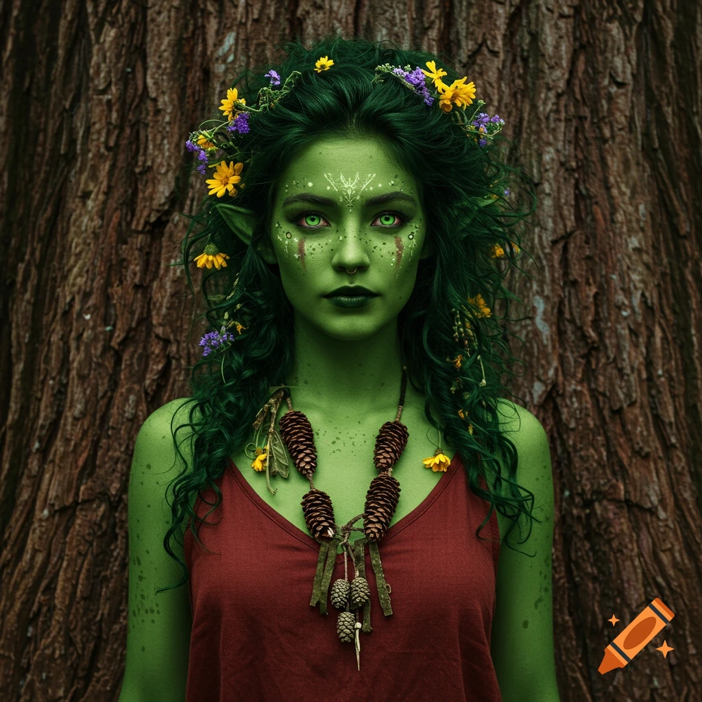 Photorealistic portrait of a fantasy woman with green skin, flowers in her hair, and a pinecone necklace standing by a tree.