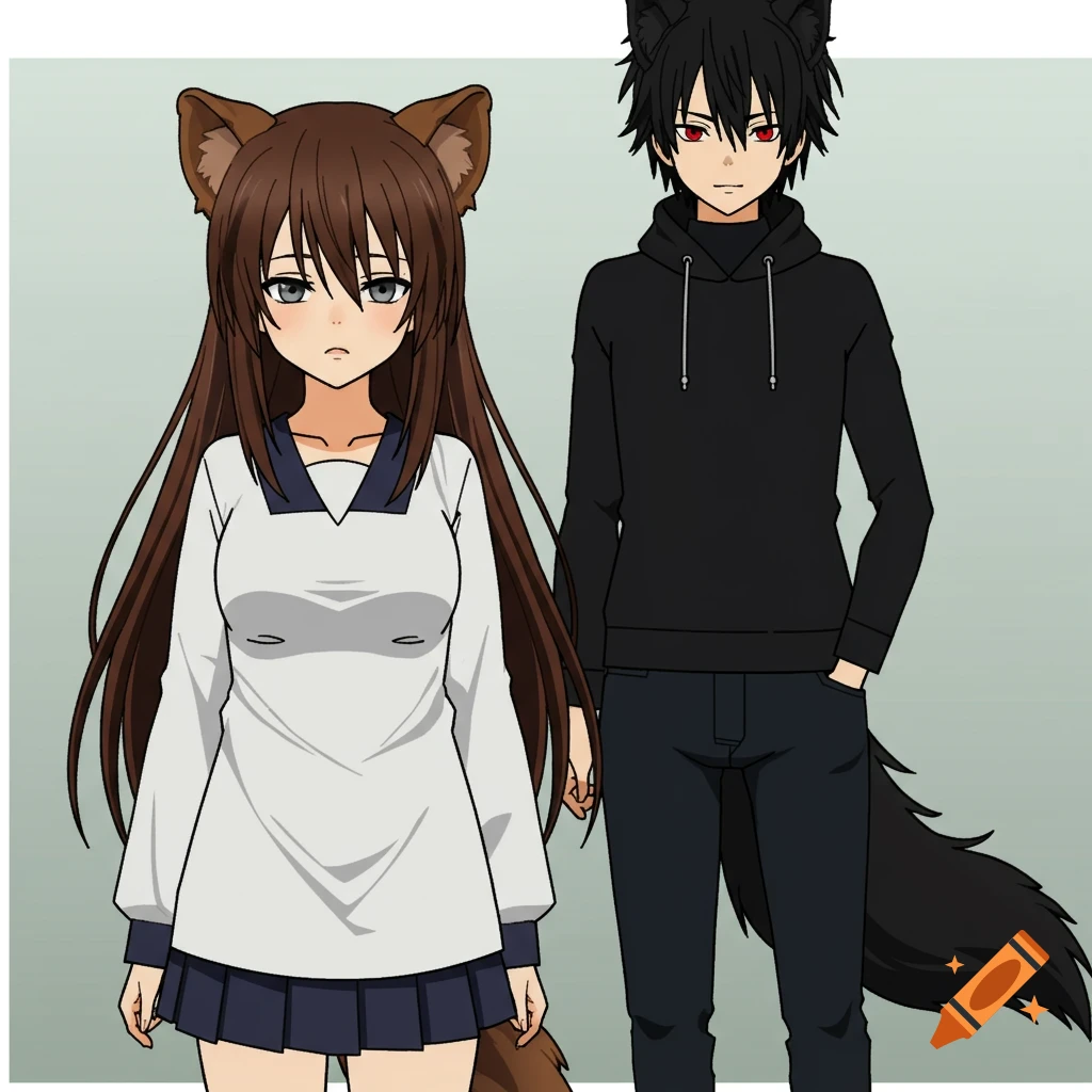 Anime style drawing of a girl with tanuki ears and tail standing beside a boy with wolf ears and tail.