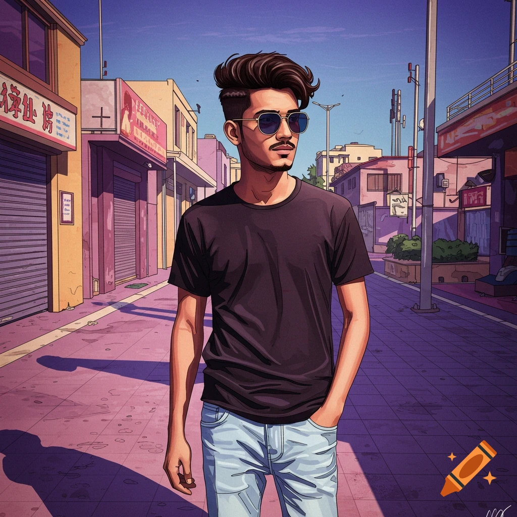 A young man in sunglasses standing on a stylized urban street.