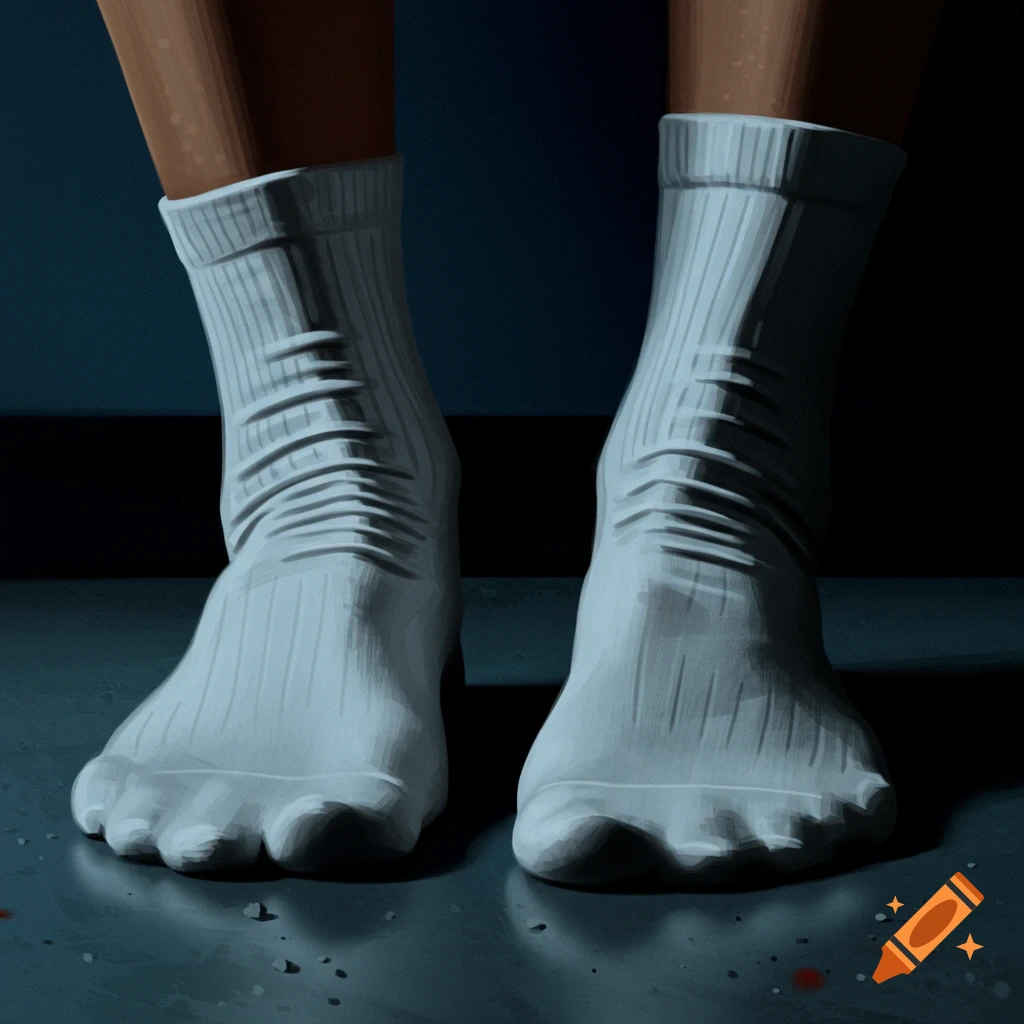 A close-up of feet wearing white socks.
