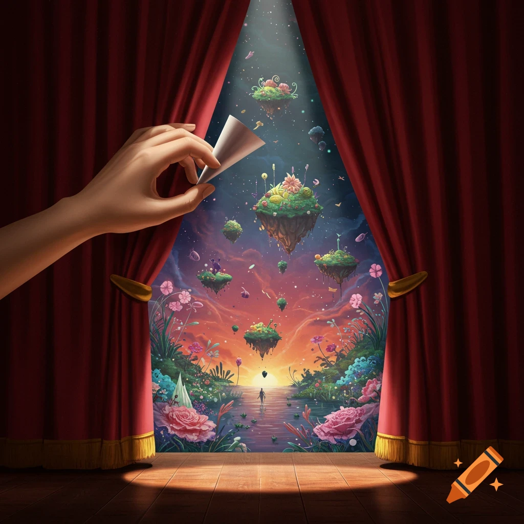 A hand pulls back a red stage curtain revealing a fantasy landscape with floating islands and colorful flowers.