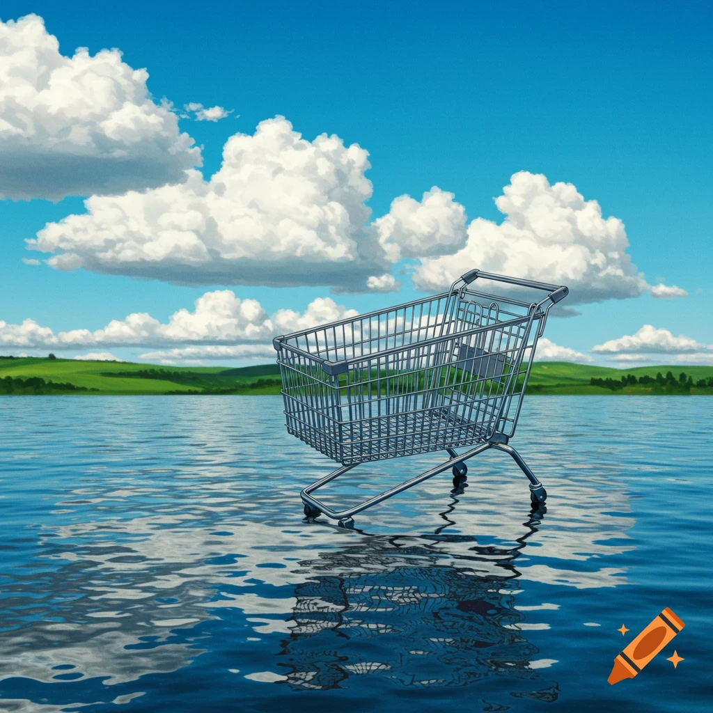 A shopping cart floating on water in a serene landscape with clouds.