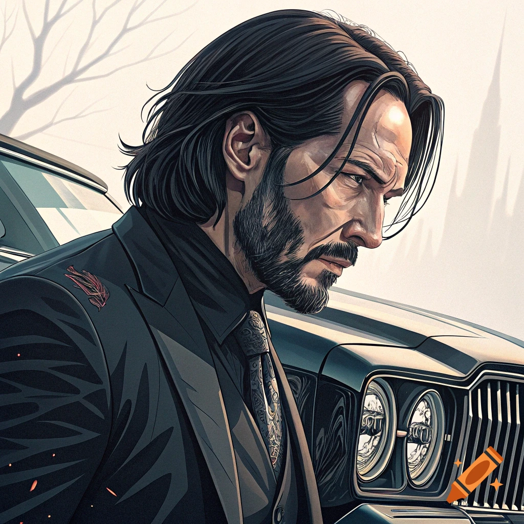 Stylized illustration of a man resembling John Wick standing next to a car.