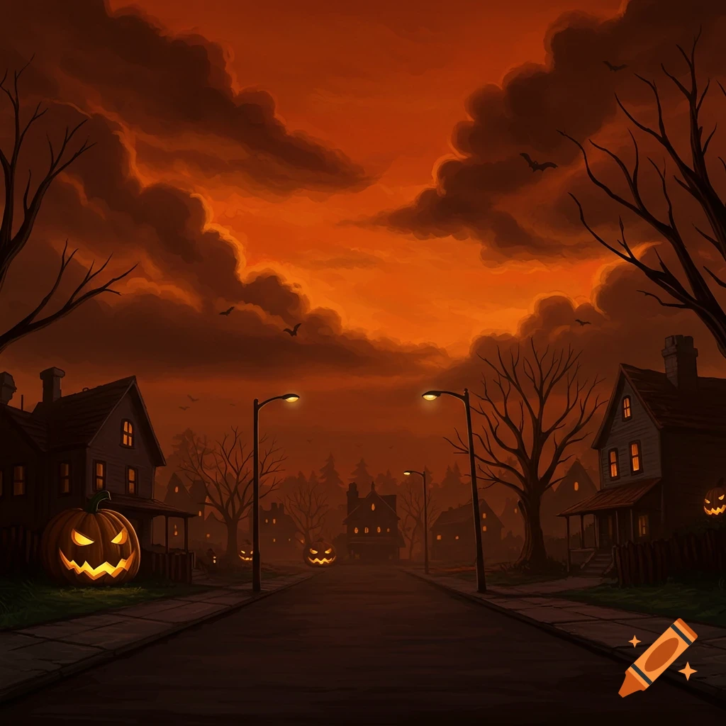 Spooky neighborhood street at night with jack-o'-lanterns under an orange sky.