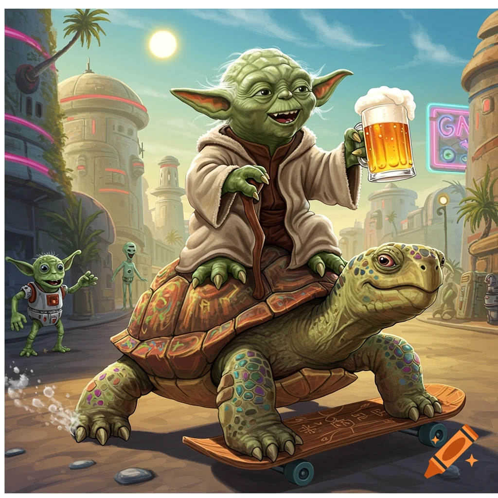 Yoda rides a skateboarding turtle while holding a beer in a futuristic city street.