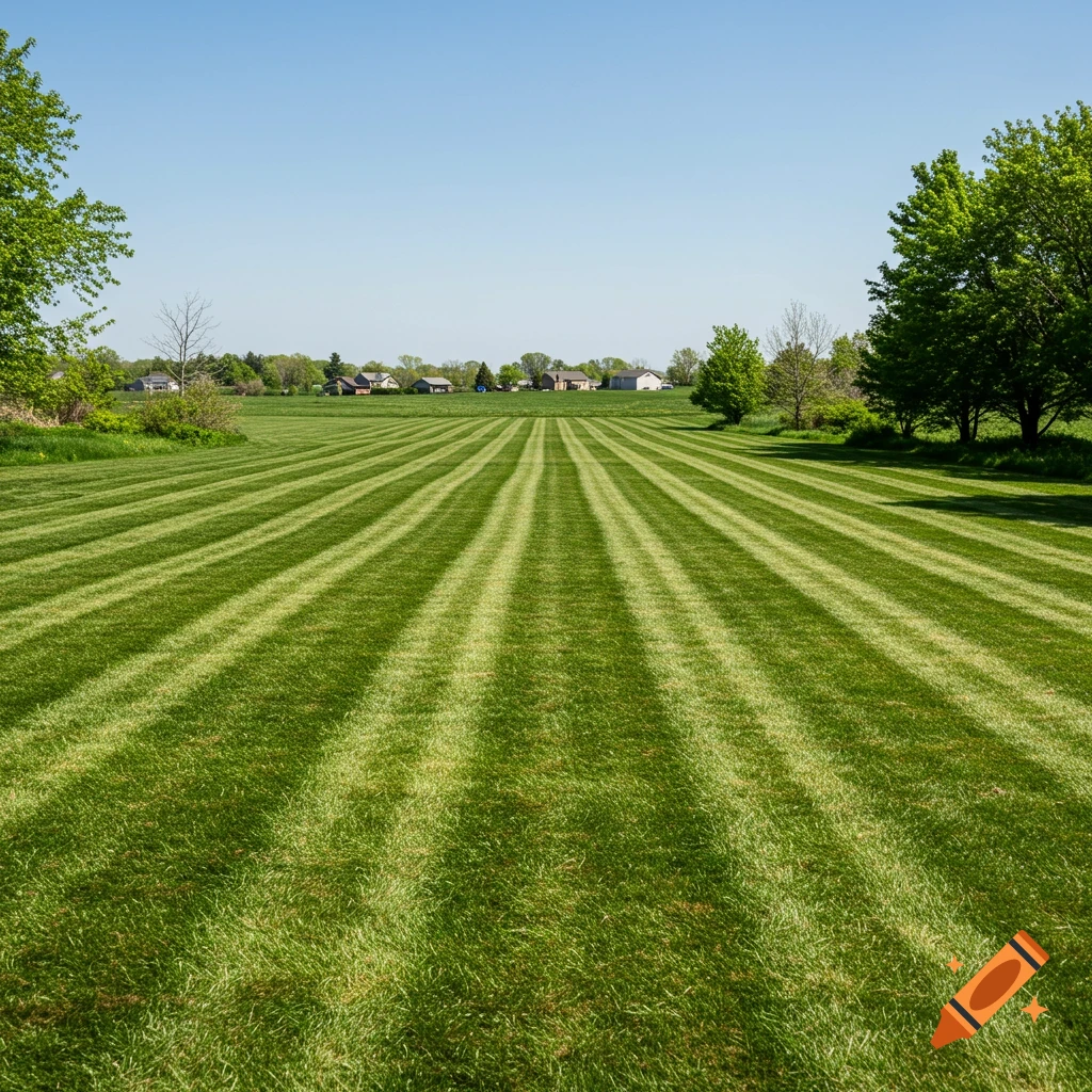 A perfectly striped green lawn stretches towards houses in the distance under a clear blue sky.