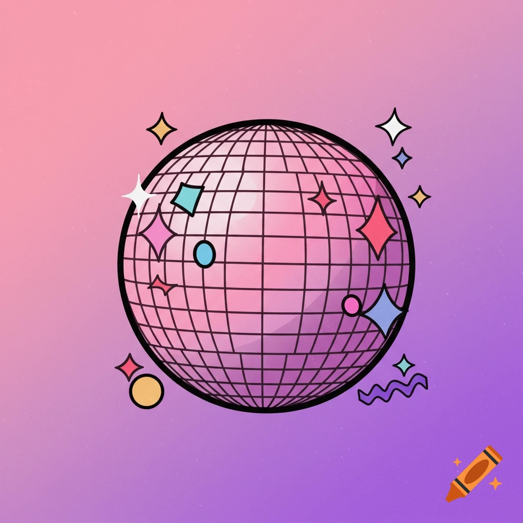 A cute stylized illustration of a pink disco ball surrounded by stars and geometric shapes on a pink and purple gradient background.