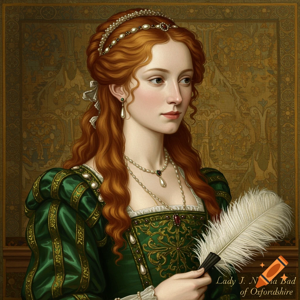 Renaissance portrait of a woman with red hair, green dress, pearls, holding a feather fan.