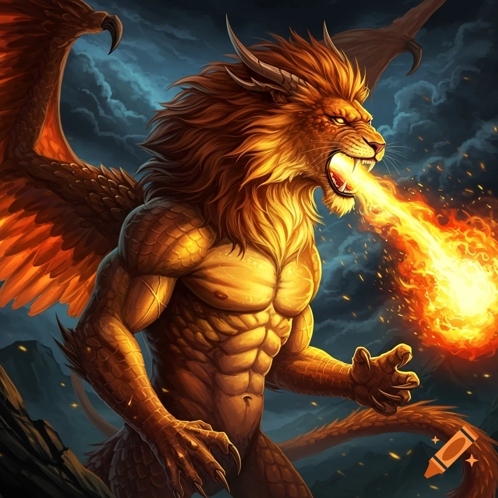 A ferocious lion-headed chimera with dragon wings and scales breathes fire.