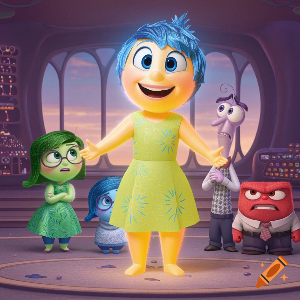 Joy stands large and cheerful among Sadness, Fear, Anger, and Disgust in a control room from the movie Inside Out.