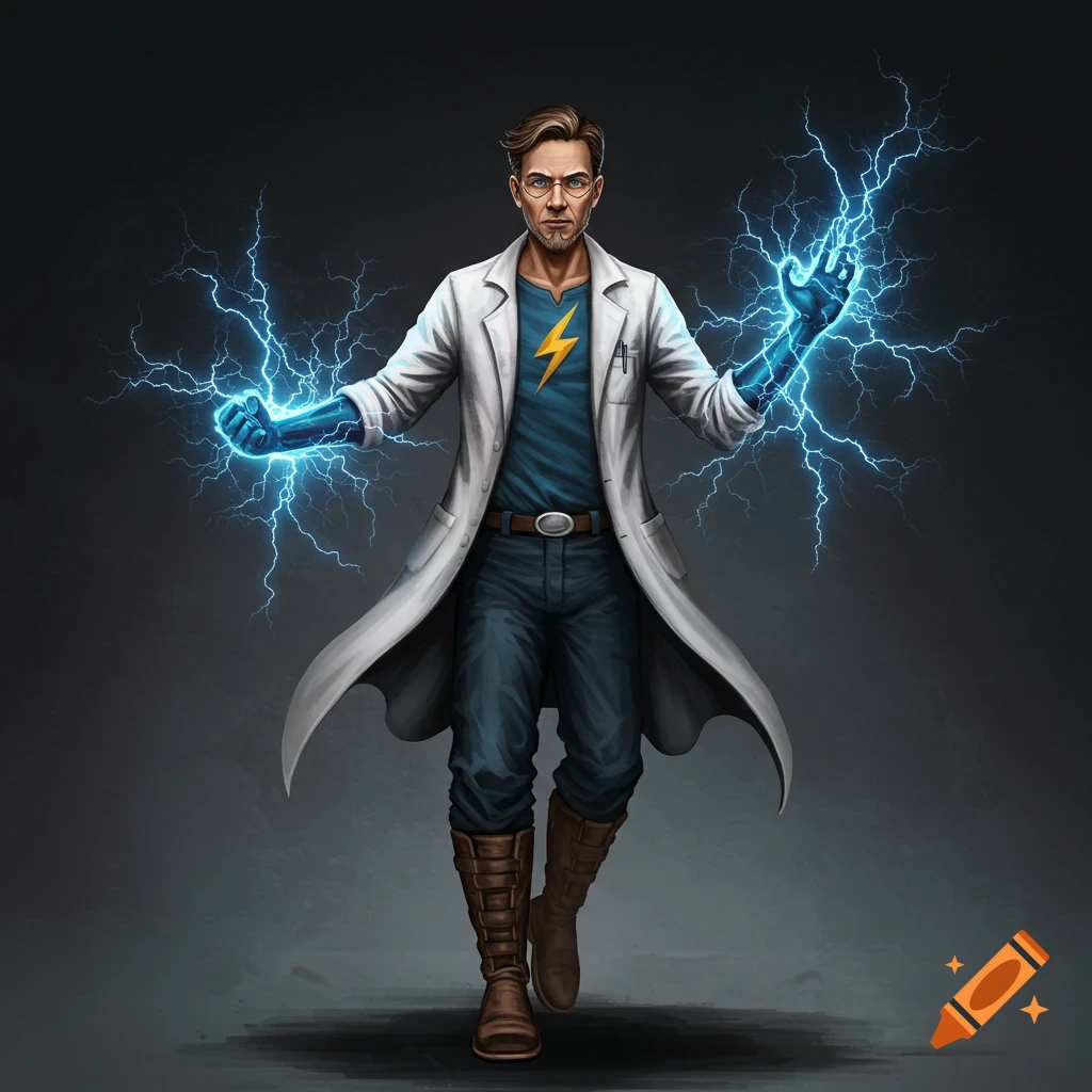 A scientist superhero generates electricity.