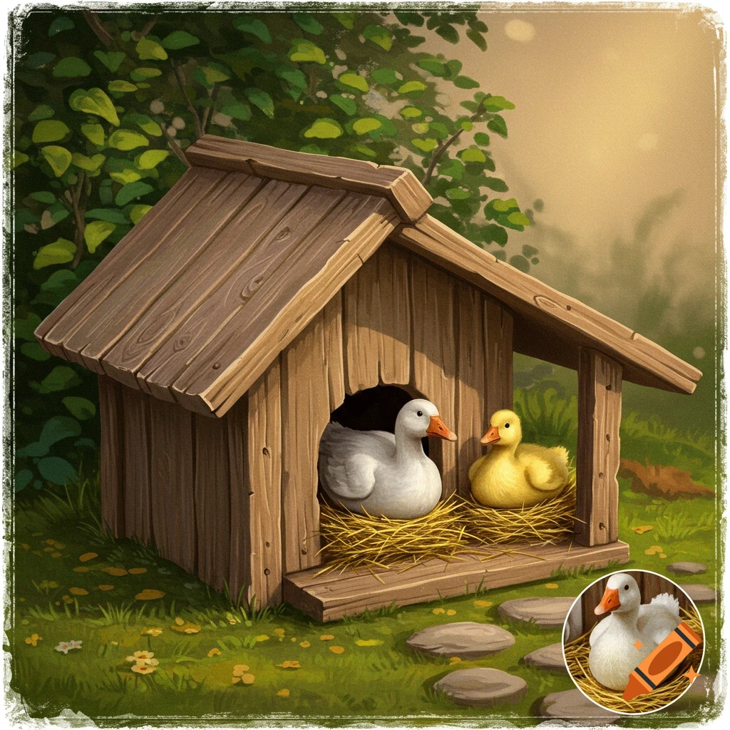 A white goose and a yellow duckling in a wooden coop with a hay nest.