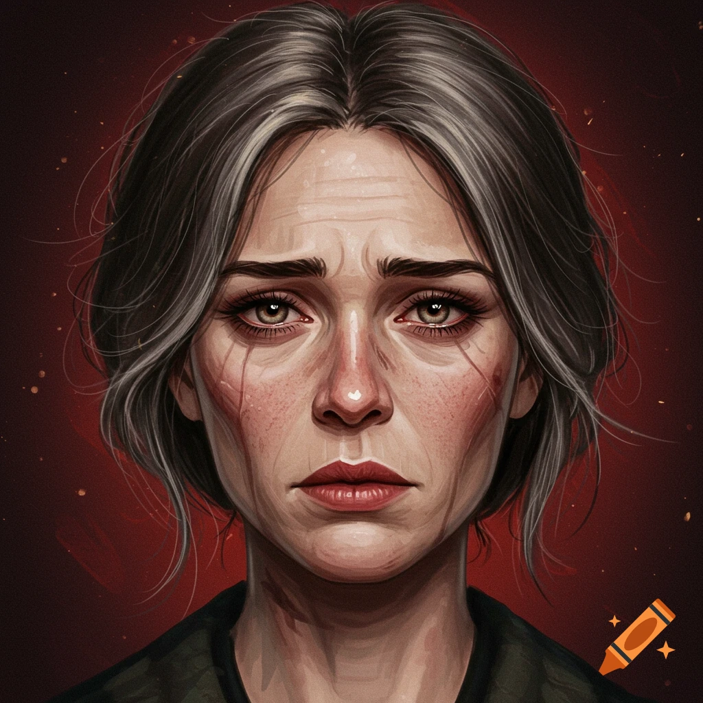 A weary woman with grey hair crying against a red background.
