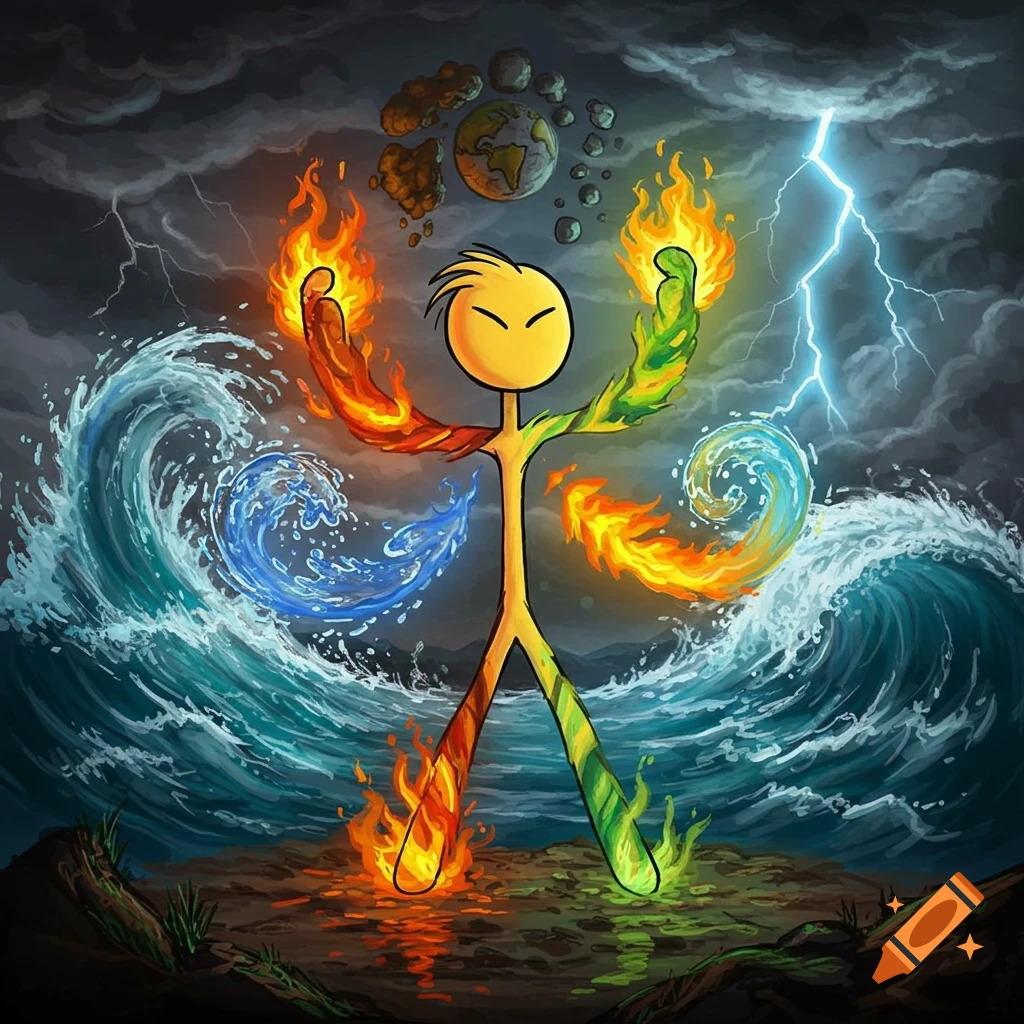 A stick figure controls water, fire, earth, and lightning elements.