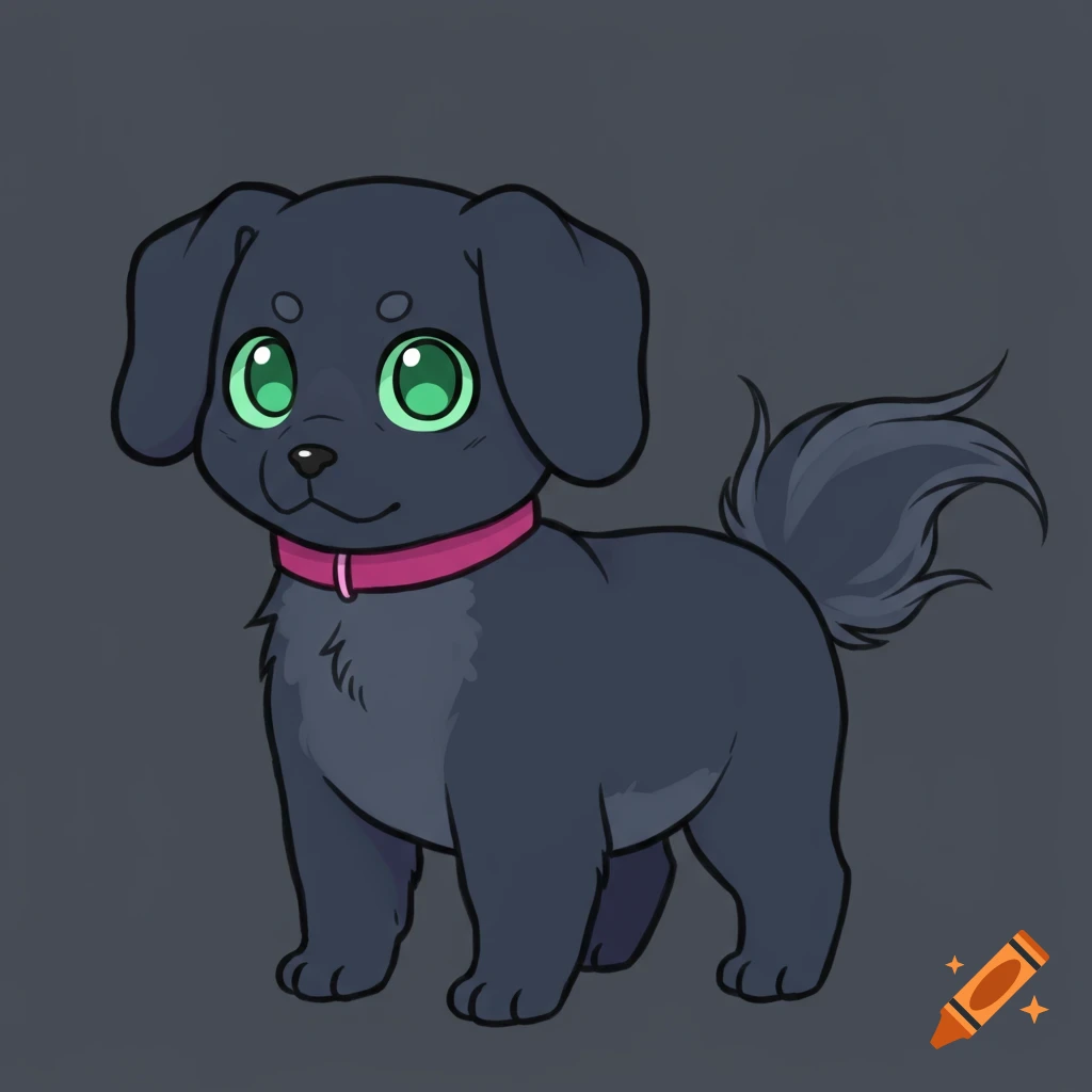Cartoon drawing of a dark grayish-blue dog with large green eyes and a pink collar.