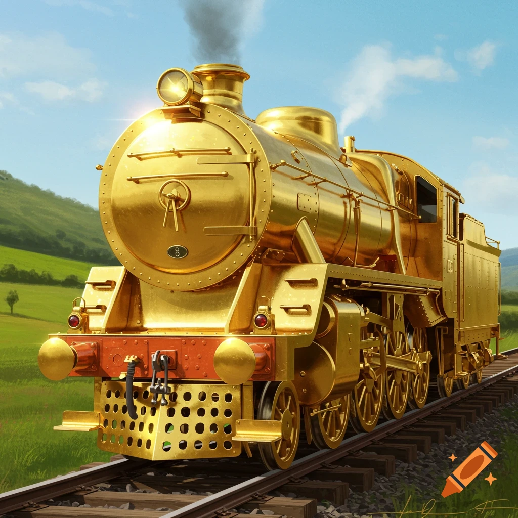 A gold steam locomotive train on tracks in a grassy landscape under a blue sky.