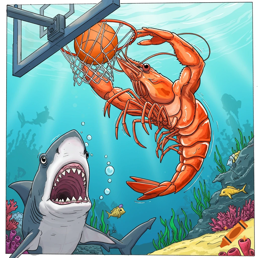 A cartoon shrimp dunks a basketball over a shark underwater.