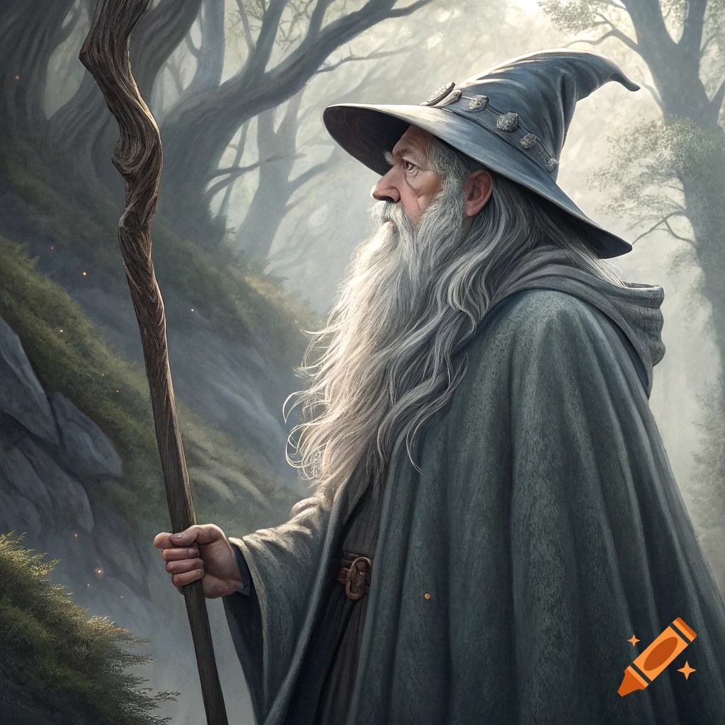 A wizard with a staff standing in a misty forest.