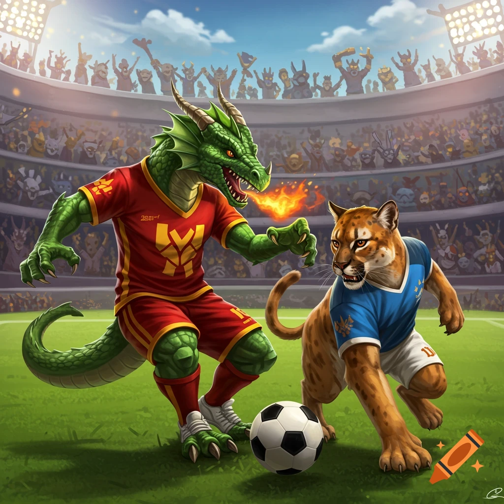 A green dragon playing soccer against a puma in a packed stadium.