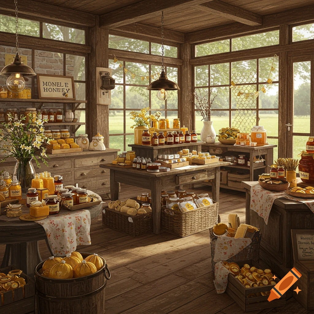Interior of a rustic boutique filled with jars of honey, bread, and cheese on tables and shelves, bathed in sunlight.