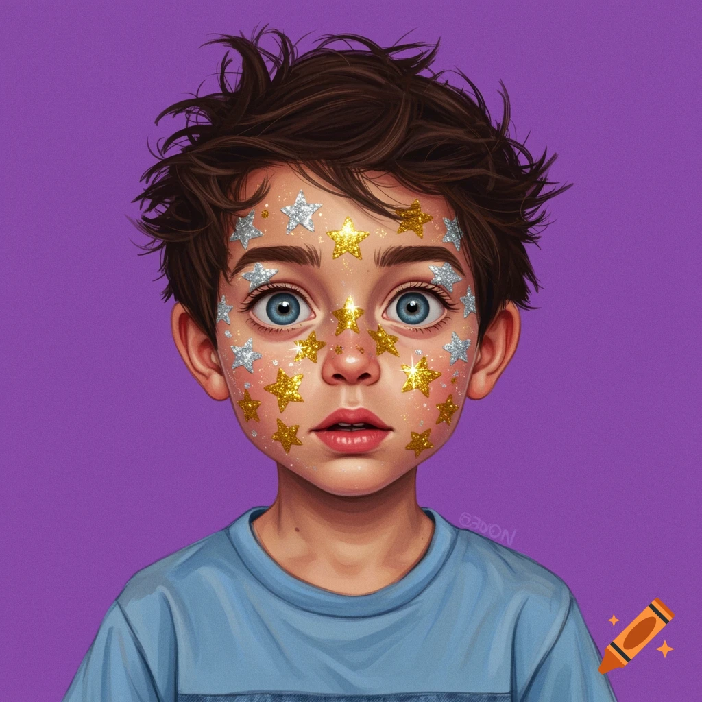 Portrait of a young boy with glittery star makeup on his face.