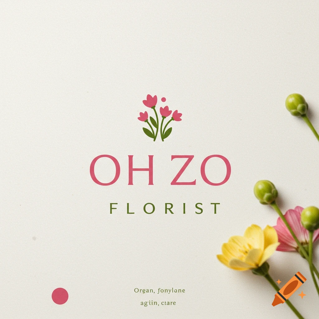 Logo for Oh Zo Florist with pink floral illustration.