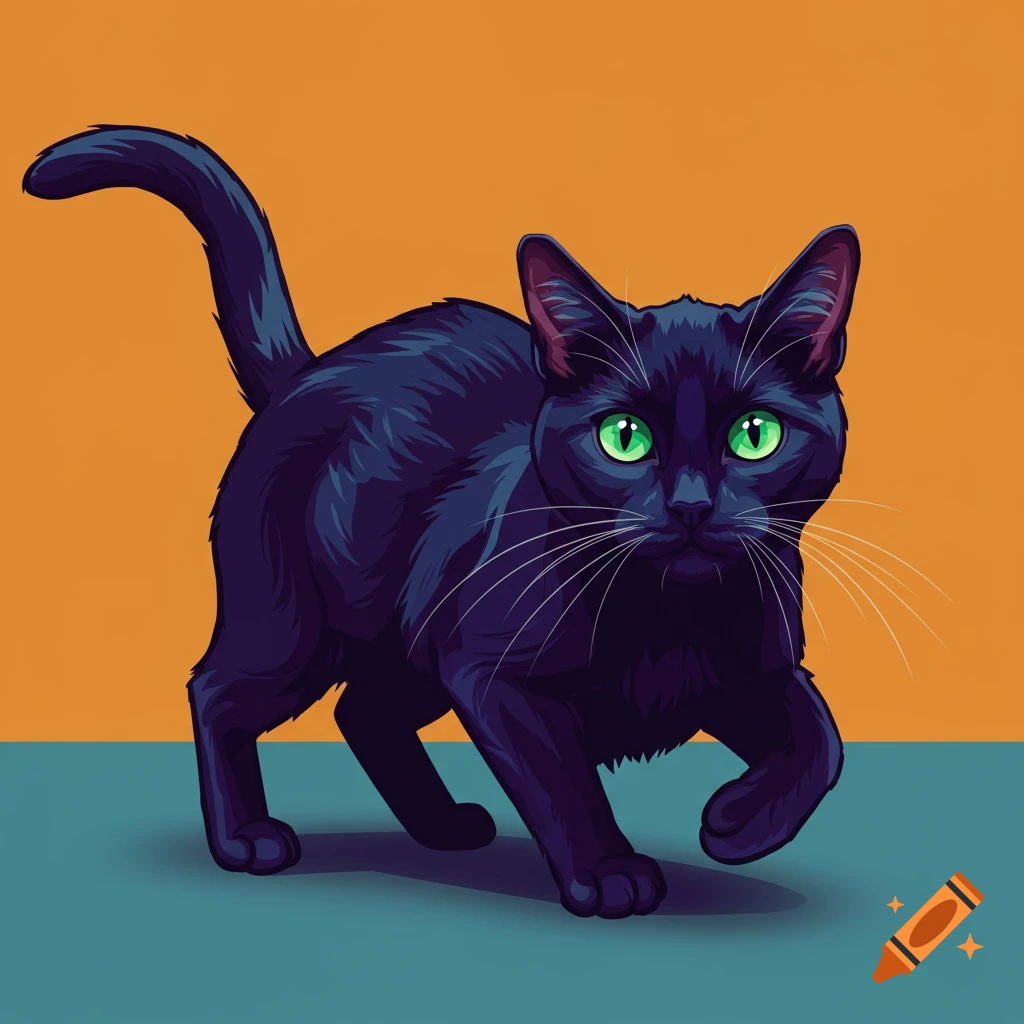 An illustration of a black cat with bright green eyes walking.