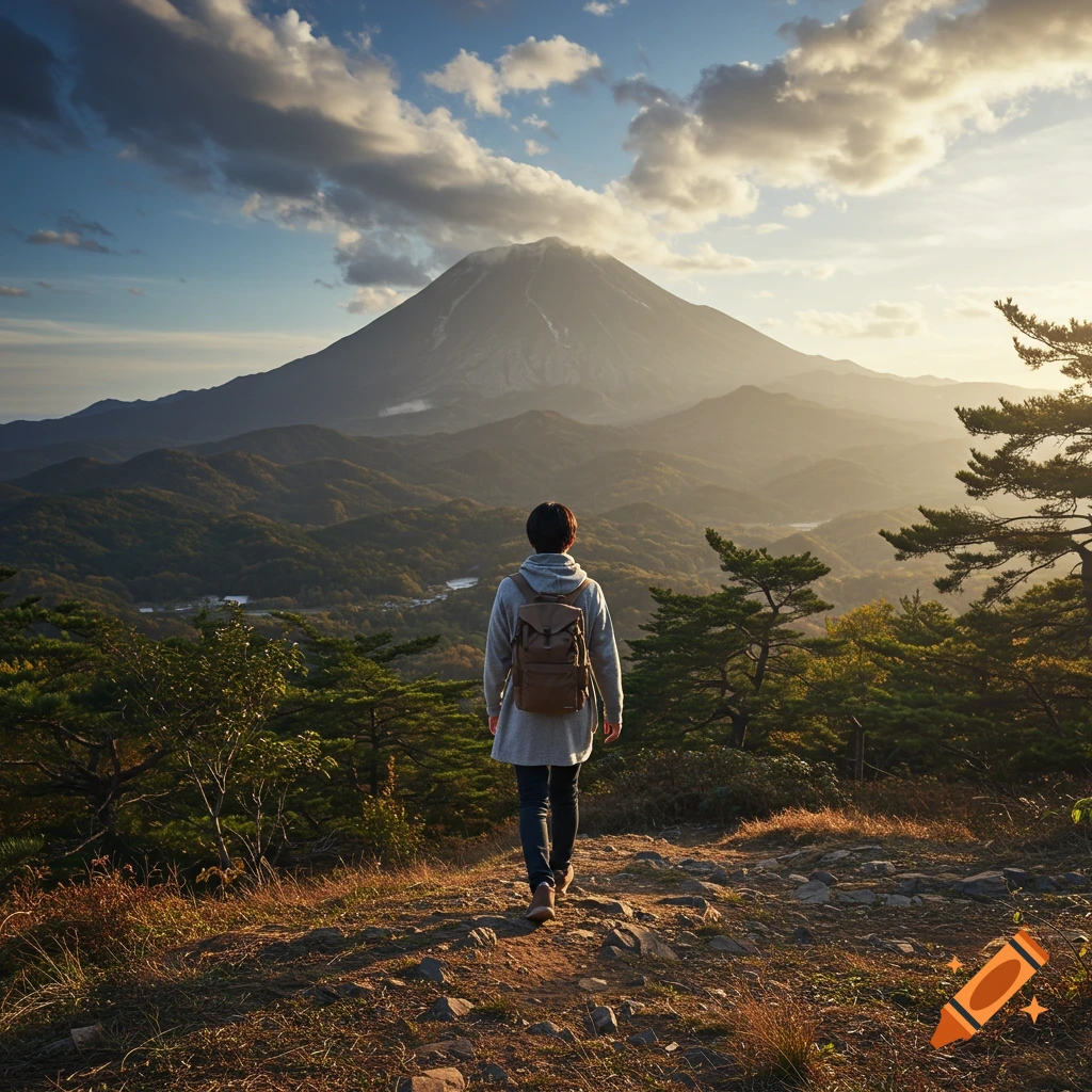 A person overlooks a mountain landscape at sunset.