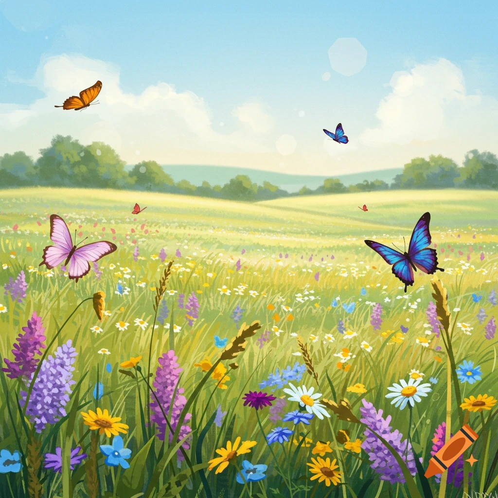 A sunny meadow with wildflowers and butterflies flying around.