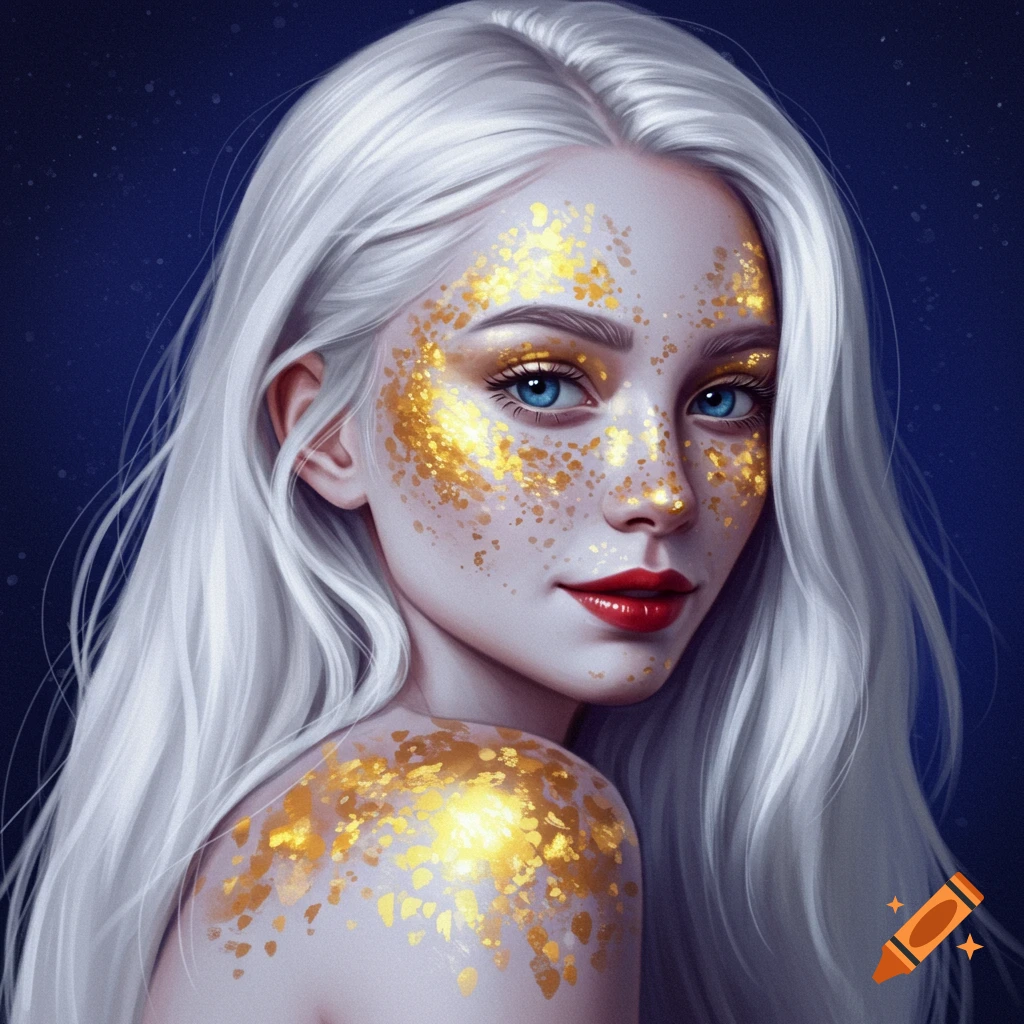 Woman with white hair, gold flakes on face and shoulder