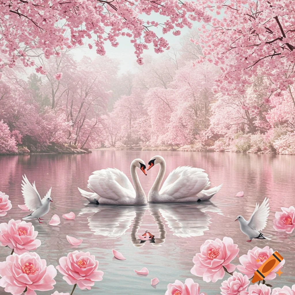 Two swans form a heart on a lake surrounded by pink cherry blossoms and roses with doves.