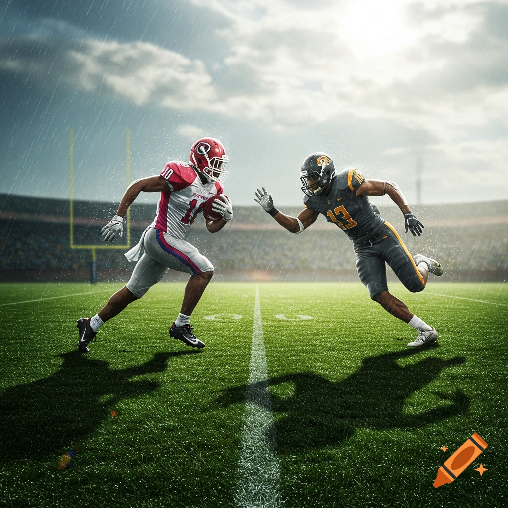 Two football players, a receiver and a defensive back, run during a rainy game on a sunny day.