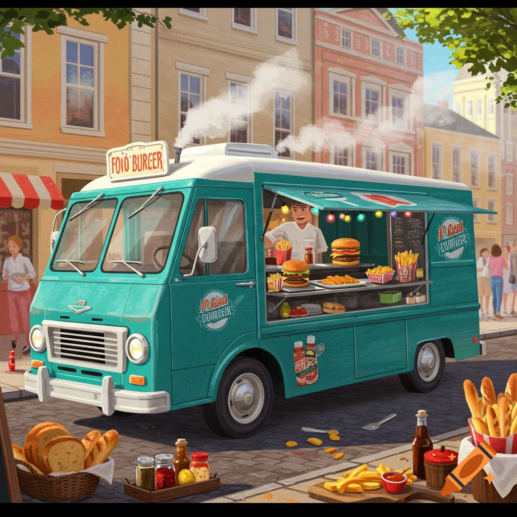 A teal food truck selling burgers and fries on a city street.