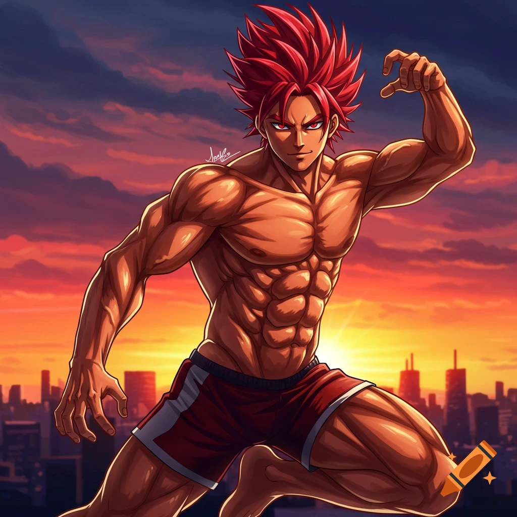 Muscular anime man with red hair posing against a sunset cityscape.