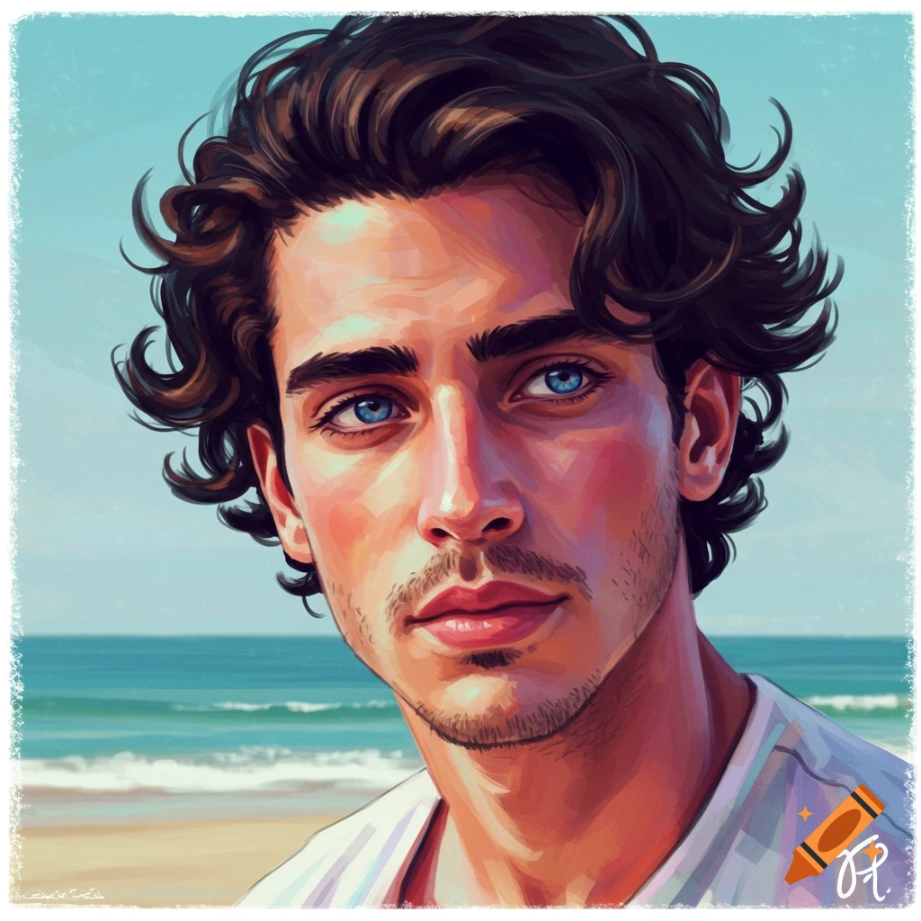 A man with brown curly hair and blue eyes stands on a beach. on Craiyon