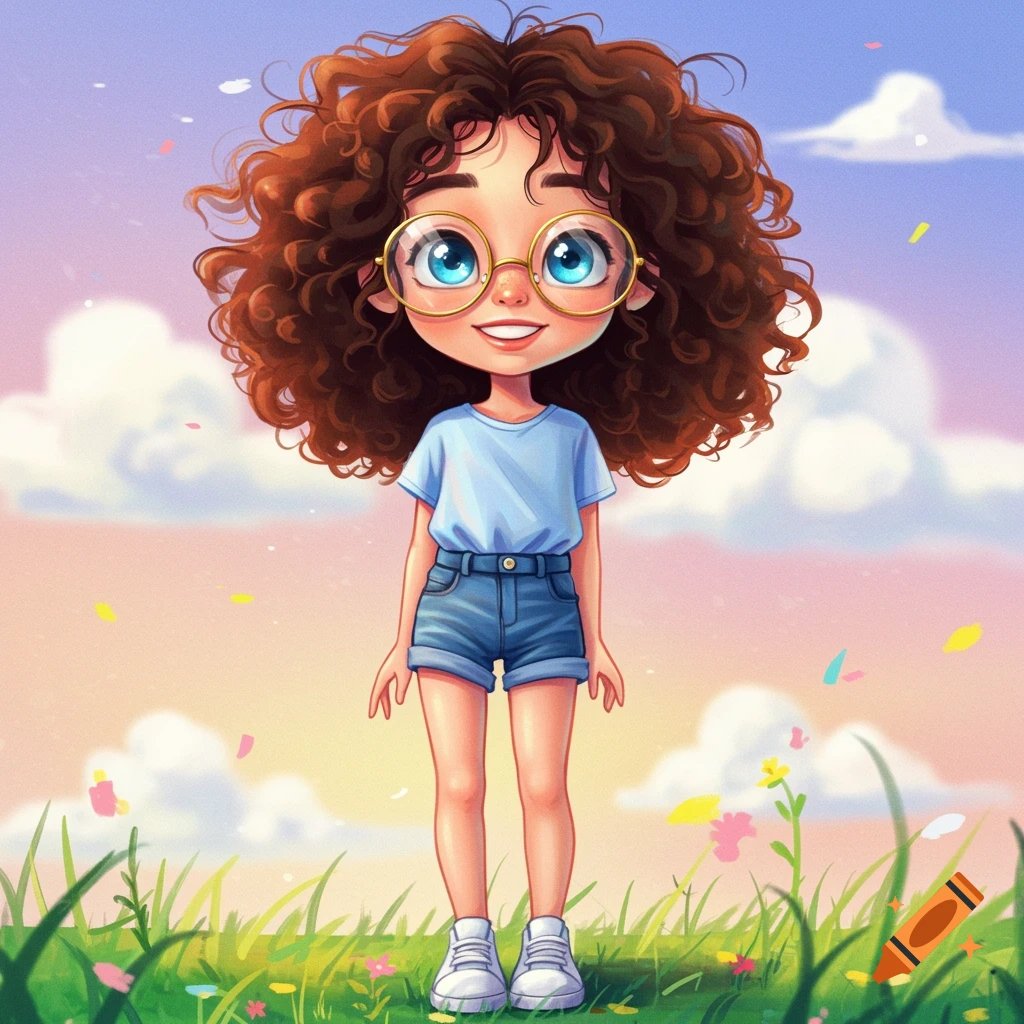 Whimsical scene of a young girl with curly hair and glasses standing in a field.