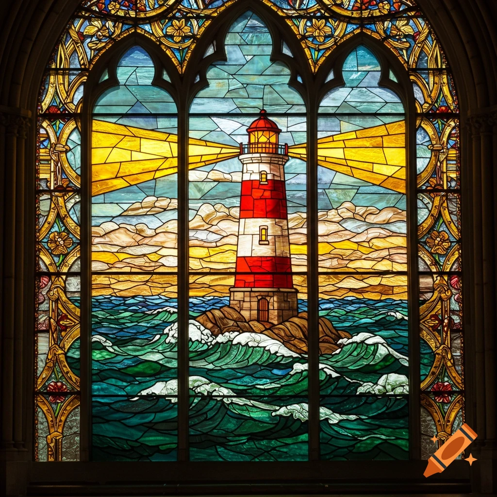 Stained glass window depicting a lighthouse on rocks in the sea with beams of light.