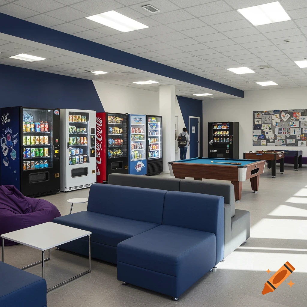 A modern school lounge with blue sofas, a purple beanbag chair, several vending machines, a pool table, and a bulletin board.