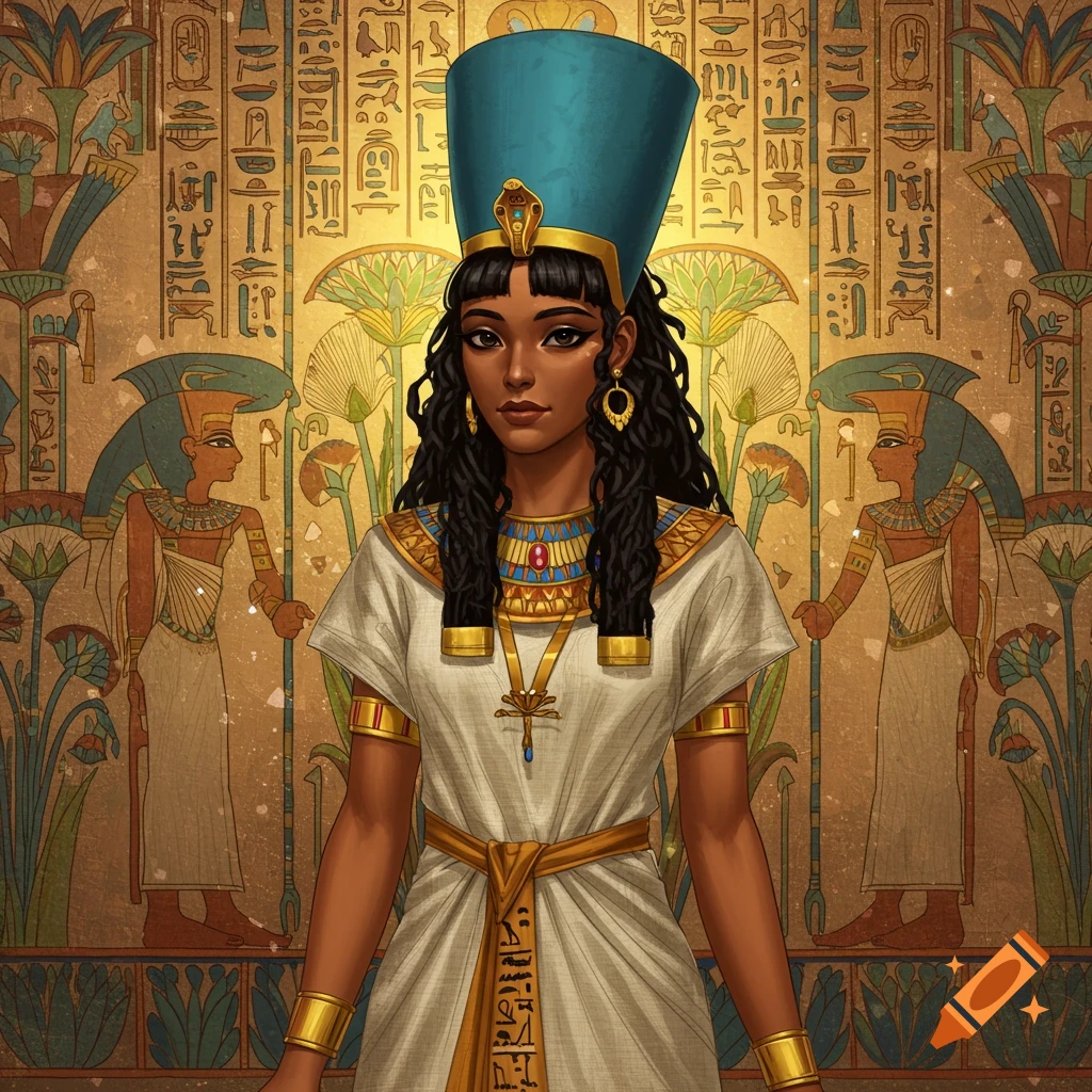 An Egyptian woman in a blue headdress and white dress, standing before a wall with hieroglyphs.