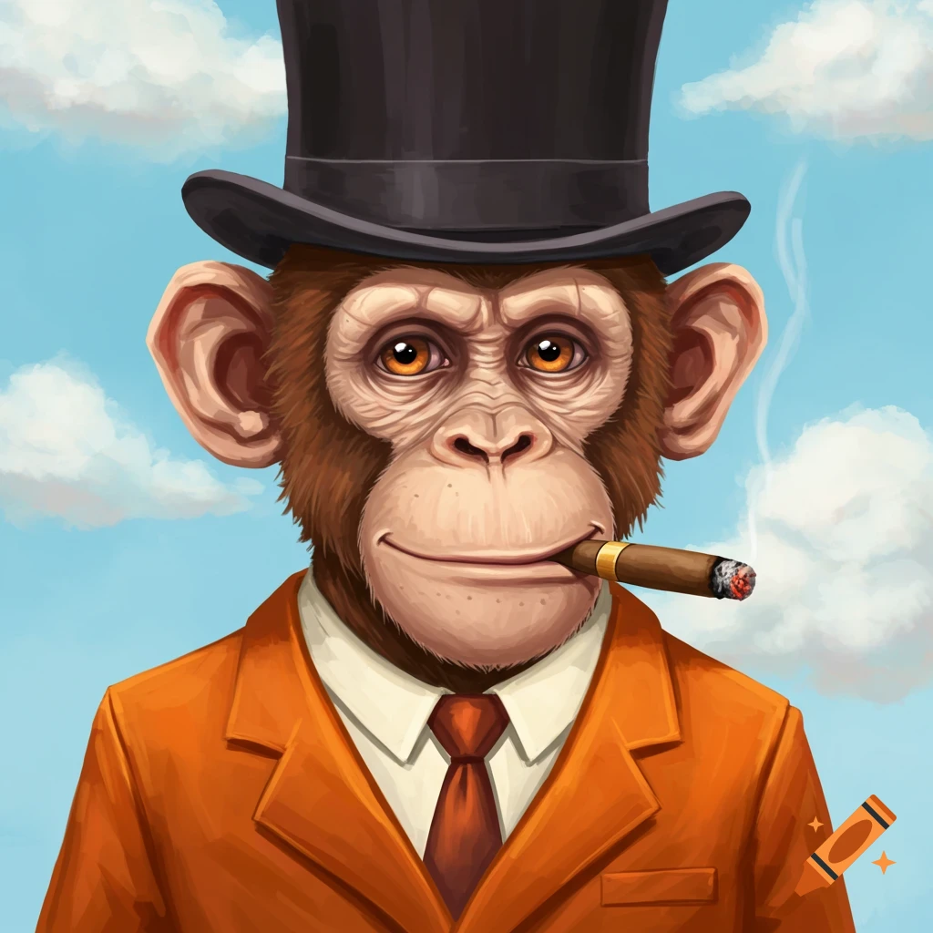 A monkey wearing a top hat and orange suit smokes a cigar against a cloudy blue sky.