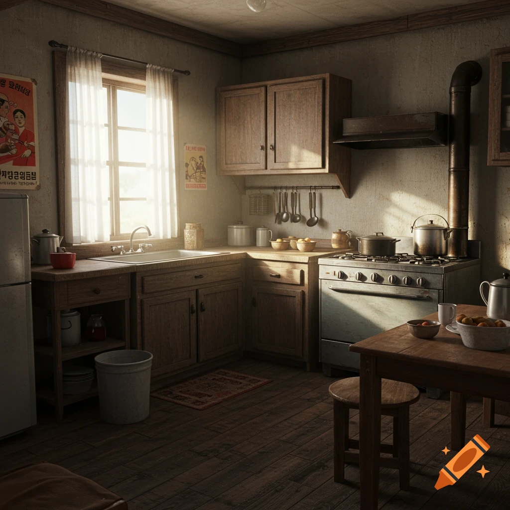 A realistic depiction of a rustic kitchen interior with a sink, stove, cabinets, and a table with bowls of fruit.