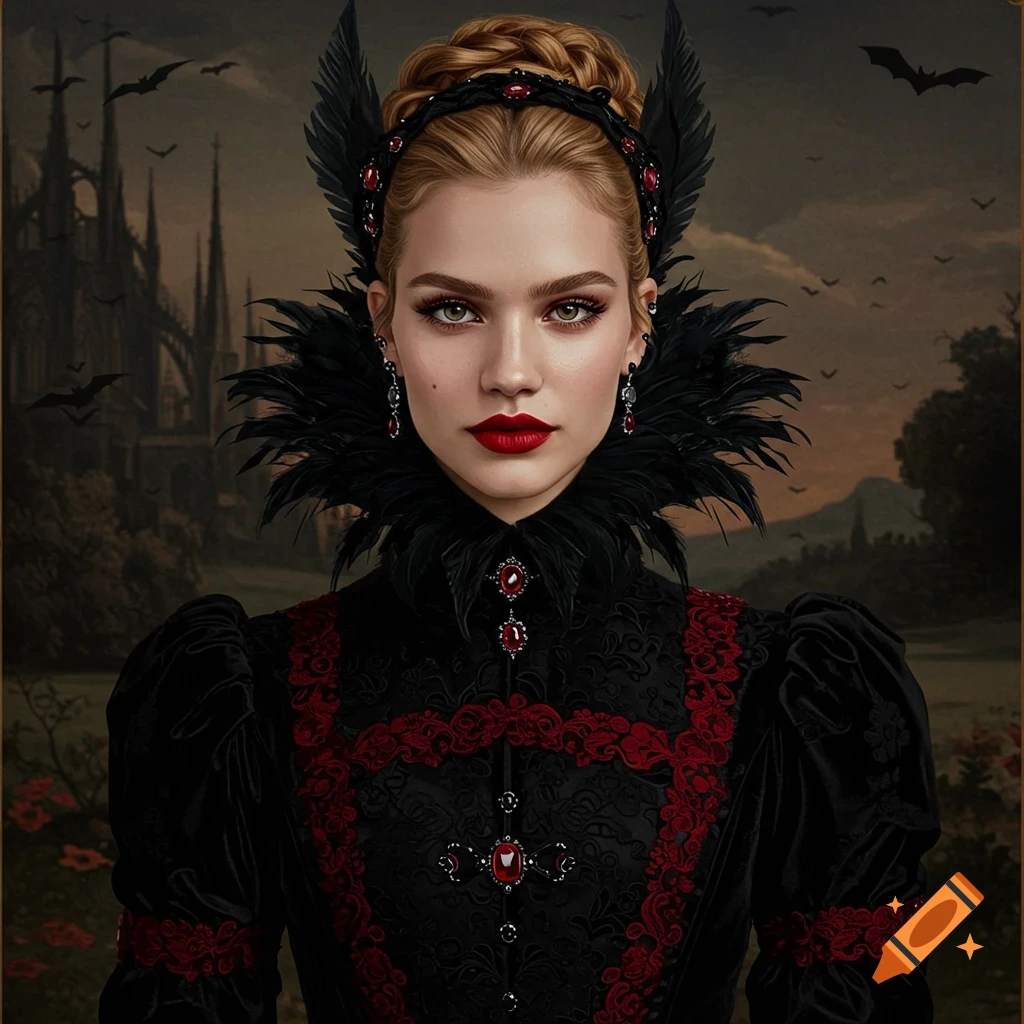 Portrait of woman in elaborate black and red gothic attire with feathered collar against castle and bats.