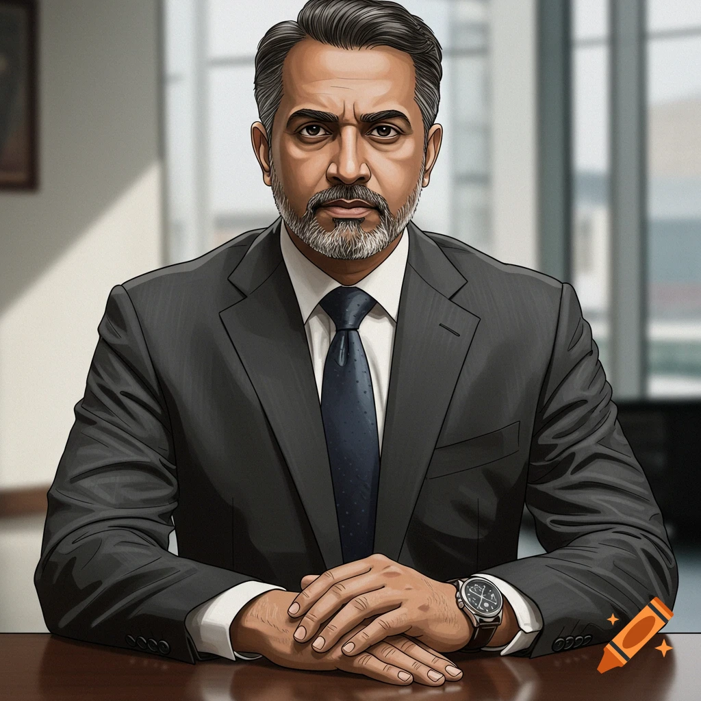 A man in a suit sits at a desk
