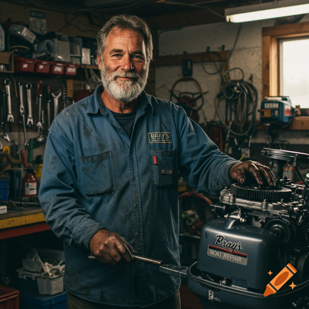 Photorealistic image of a man with a beard working on a boat motor in his workshop.
