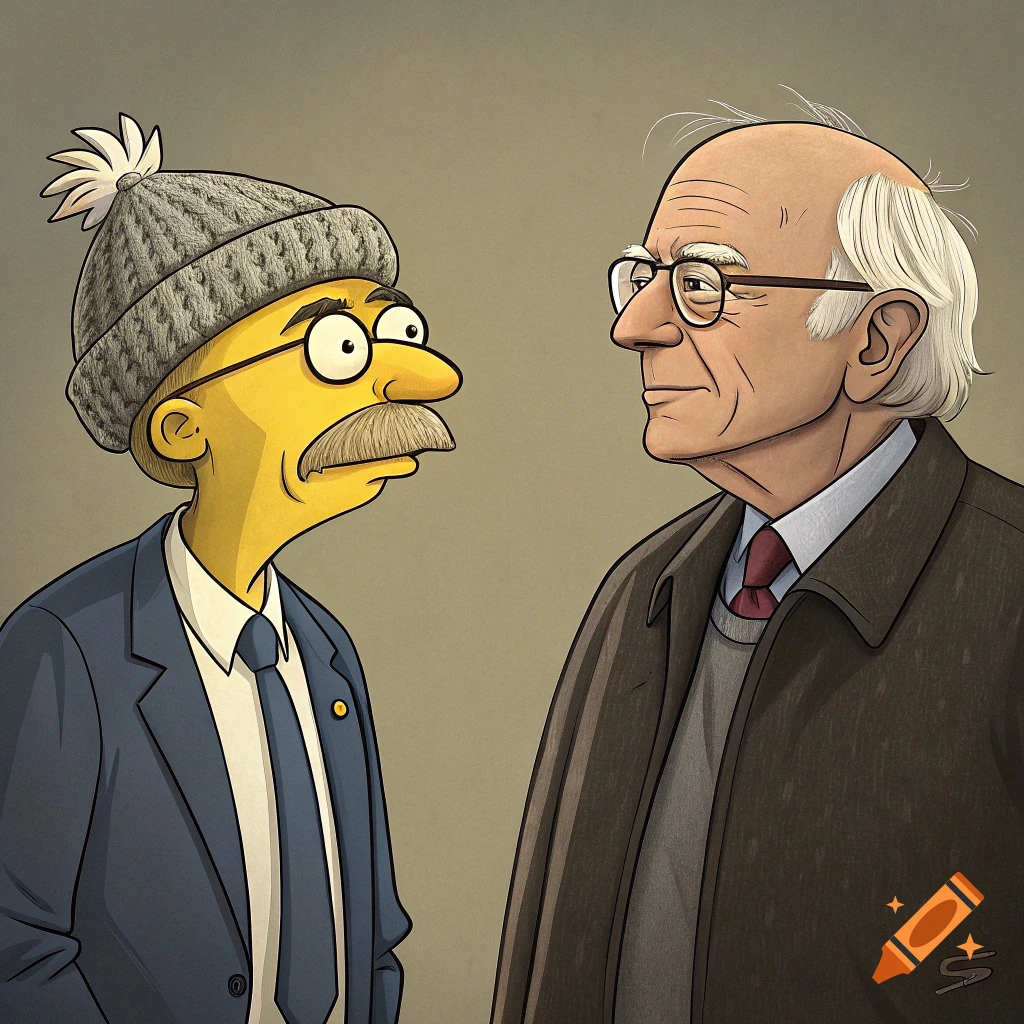 Cartoon illustration of a yellow-skinned man in a hat and suit looking at an older man in glasses and a coat.