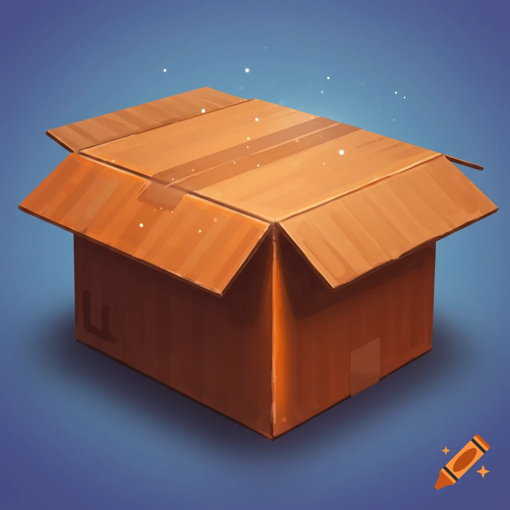 An open cardboard box on a blue background.
