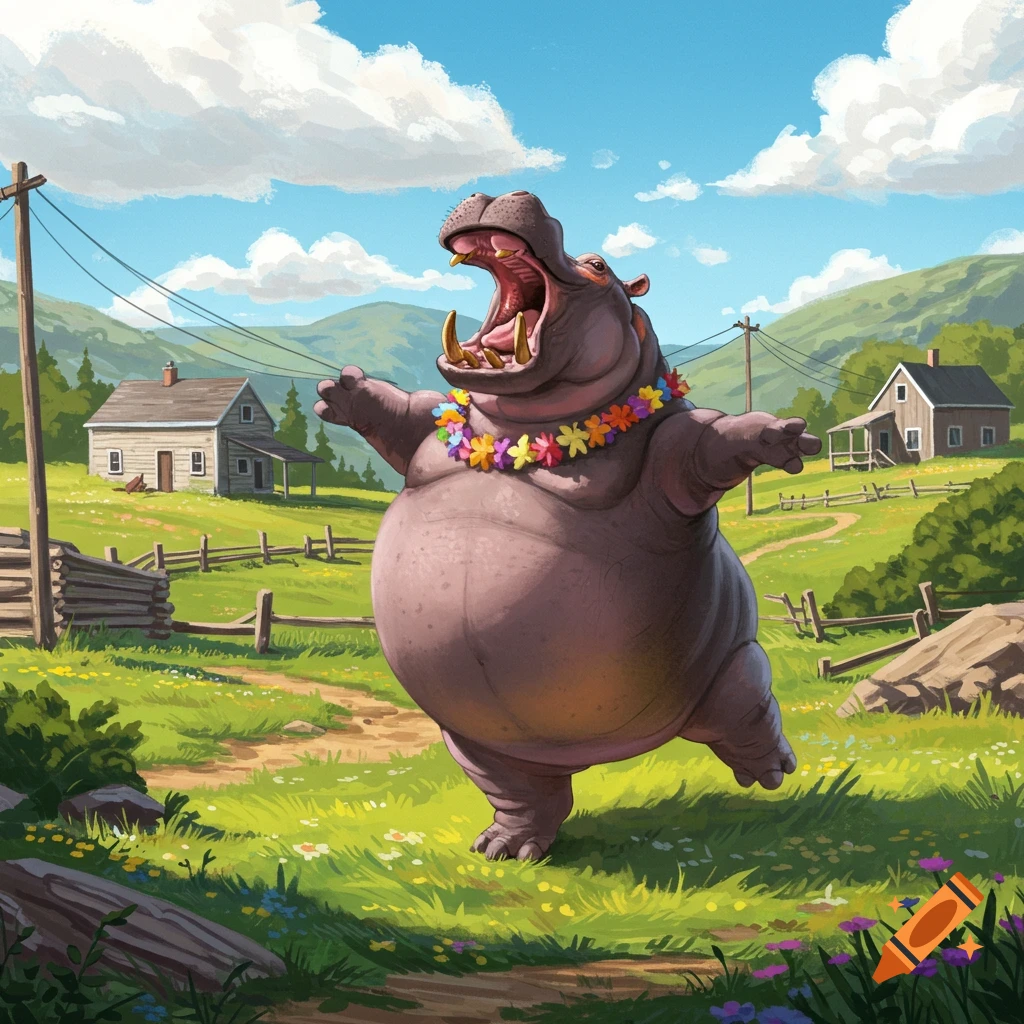 A cartoon hippo wearing a flower lei dances in a sunny rural field with houses and hills.